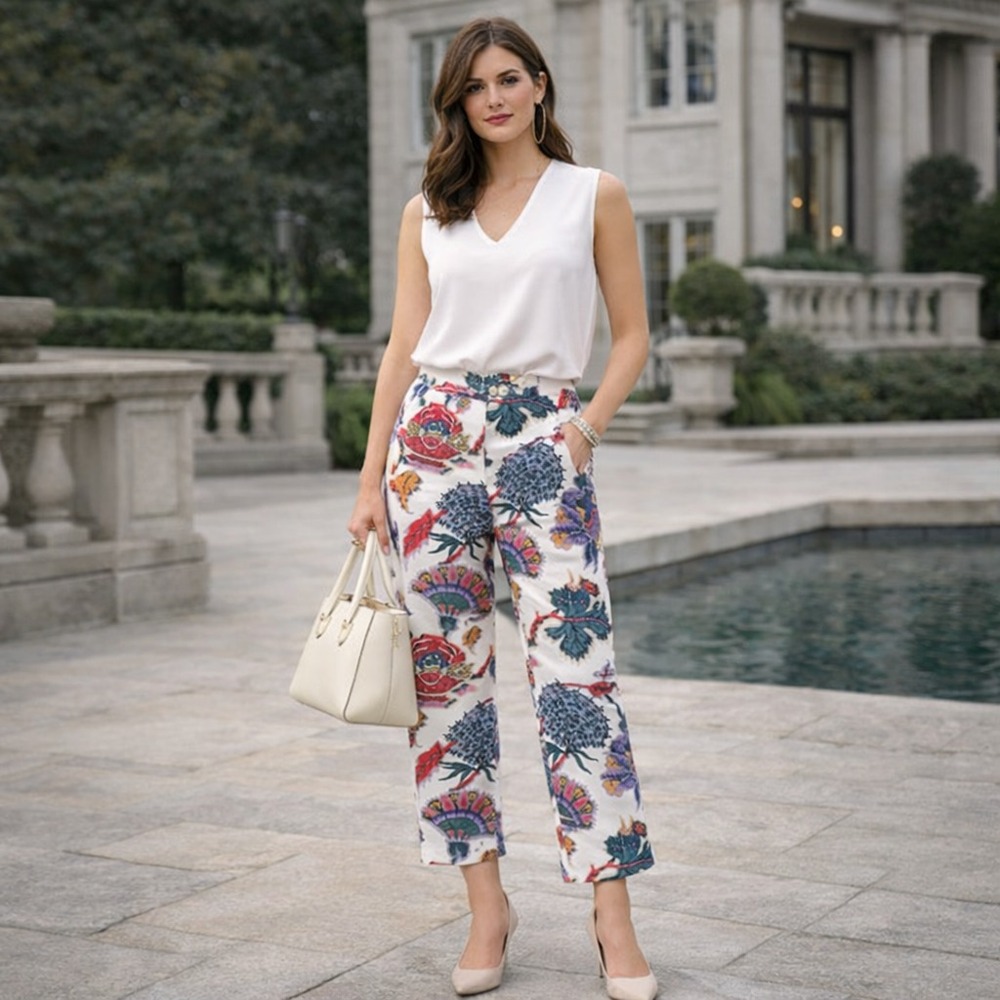 J.CREW Floral Print Cotton Pants White Pockets Straight Leg Mid Rise Size 6